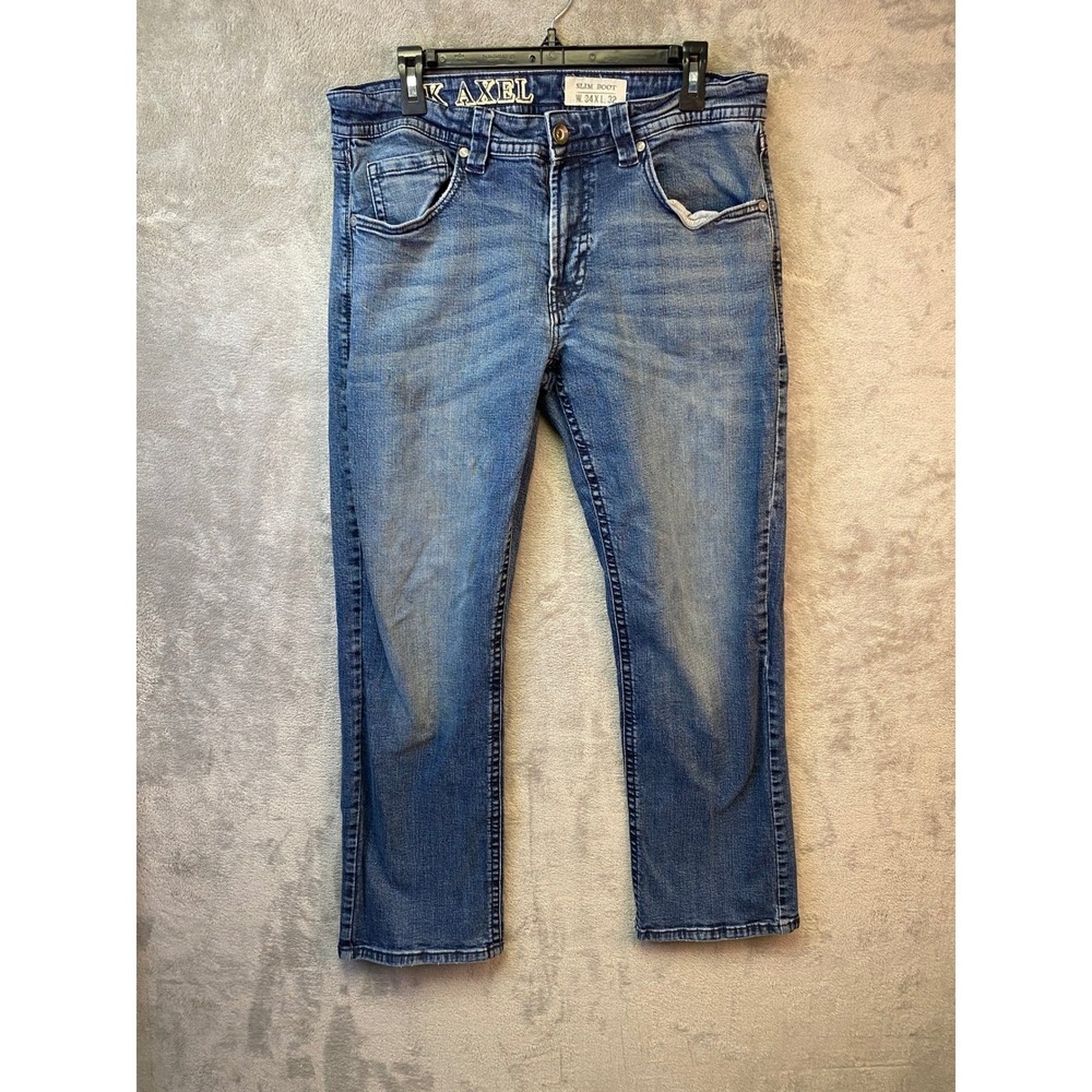 TK Axel Slim Bootcut Jeans Mens 34x32 Medium Wash Blue Denim Embroidered Pockets